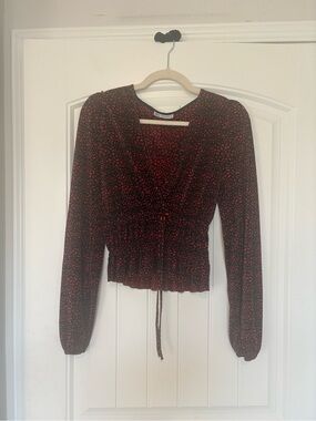 Zara Black Long-Sleeve Red Floral Wrap Blouse